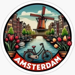 Stickers scrapbook Amsterdam : maisons des canaux, moulin, vélo et tulipes en autocollants vinyle colorés