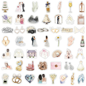 Détail des motifs : alliances, fleurs et robe de mariée, autocollants mariage