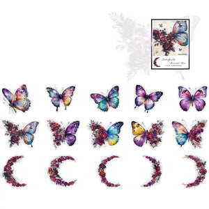 Papillons vintage galaxie et lunes fleuries, planche d'autocollants transparents