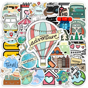 Stickers voyage pour scrapbooking : combis vintage, globes et appareils photo à coller sur albums et carnets