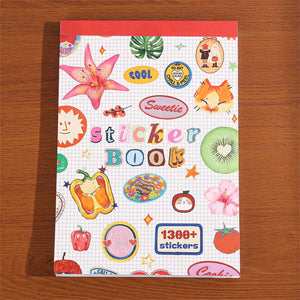 Livre stickers scrapbooking couverture rouge, 1300+ motifs (lys, chat orange, kiwi, poivron, baies)