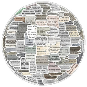 Stickers scrapbooking phrase : bulles et extraits de texte sur fond de vieux papier, planche ronde vintage