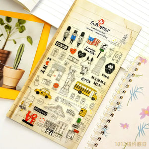 Planche stickers scrapbooking New York : Statue de la Liberté, taxi et Broadway en vignettes