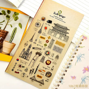 Planche stickers scrapbooking Corée : Séoul, monuments et plats coréens illustrés