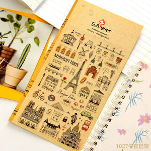Planche stickers scrapbooking Paris : Tour Eiffel, Notre-Dame et scènes parisiennes au trait fin