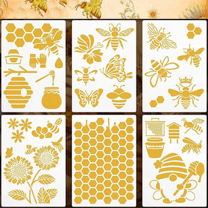 Planche de six pochoirs abeilles, ruche, nid d'abeilles et fleurs mellifères