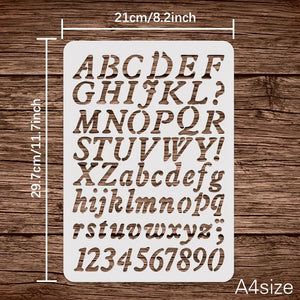 Pochoir alphabet posé sur fond bois avec quatre styles différents pour scrapbooking créatif