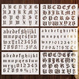 Six planches pochoirs alphabet gothique majuscules minuscules et chiffres pour scrapbooking médiéval