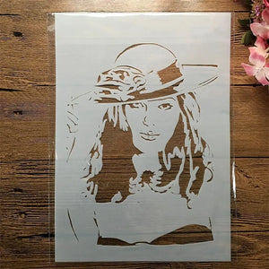 Pochoir ballerine femme chapeau capeline cheveux longs, regard expressif planche A4 ajourée