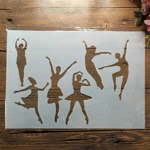 Pochoir ballerine six silhouettes danseuses en mouvement, format paysage ajouré sur bois