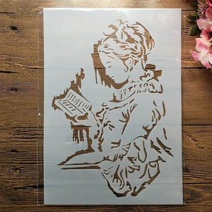 Pochoir ballerine jeune femme lisant un livre, profil délicat planche A4 ajourée fond bois
