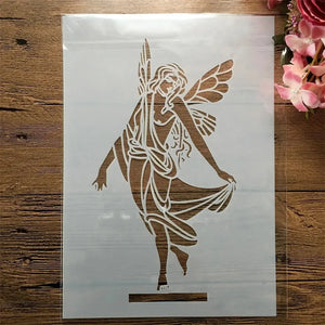 Pochoir ballerine fée ailée en robe drapée tenant un pan, silhouette stylisée format vertical