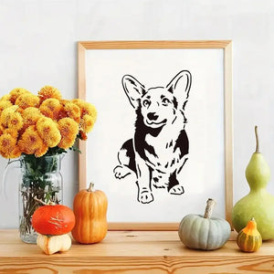 Pochoir chien corgi peint noir encadré bois clair, citrouilles décor d'automne et chrysanthèmes