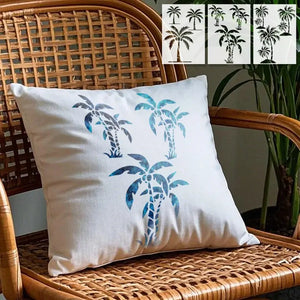 Pochoir Cocotier bleu peint sur housse de coussin