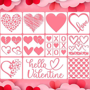 Pochoir coeur lot 12 motifs Valentin : coeur de coeurs LOVE XOXO papillons et Hello Valentine