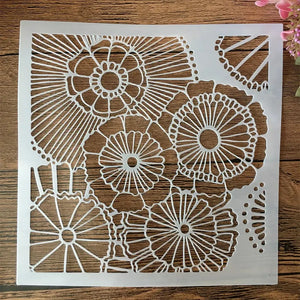Pochoir coquillage motifs roues et soleils géométriques, feuilles bordures et points épars