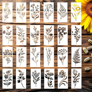 Pochoir dessin enfant en lot, planches motifs botaniques rectangulaires sur table bois
