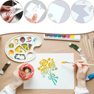 Pochoir dessin enfant démonstration : palette peinture, bouquet jaune réalisé sur papier