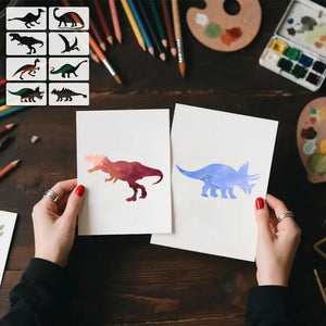 Pochoir Dinosaure huit silhouettes peintes en aquarelle
