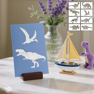 Pochoir Dinosaure T-Rex et ptéranodon sur carte bleue