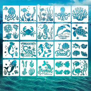 Pochoir enfant lot 20 motifs marins : tortue dauphin sirène crabe poissons coraux et coquillages
