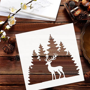 Pochoir Faune cerf et sapins sur fond bois sombre rustique