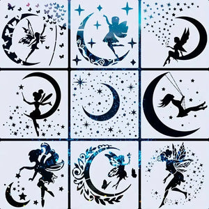 Pochoir fée lot 9 planches : silhouettes ailées sur croissants de lune, étoiles et papillons