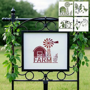 Pochoir Ferme grange et moulin sur panneau de jardin