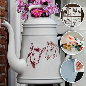 Pochoir Ferme âne et cheval sur cruche décorative