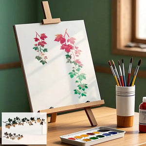 Pochoir Feuillage aquarelle rose et vert sur toile chevalet