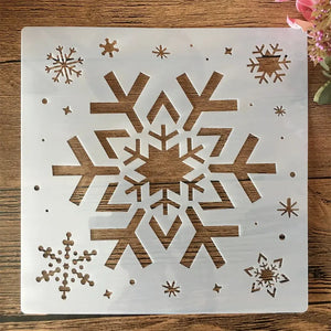 Pochoir flocon de neige central anguleux, petits flocons et étoiles épars format carré ajouré