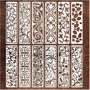 Pochoir frise florale lot 12 panneaux verticaux, motifs rinceaux et fleurs ajourées