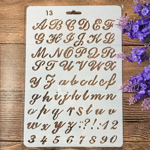 Pochoir grande lettre alphabet planche 13 cursive italique, double casse chiffres et ponctuation