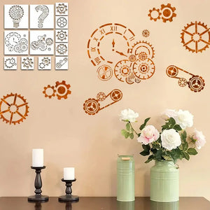 Pochoir Horloge cadran roman engrenages sur mur d'intérieur