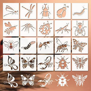 Pochoirs insecte lot 20 motifs : libellule scarabée coccinelle mante papillon scorpion fourmi