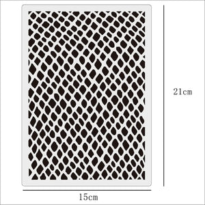 Pochoir léopard graffiti motif écailles serpent dense, format 15 x 21 cm plastique souple