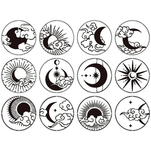 Pochoir lune étoile lot 12 rondelles fines : croissants nuages soleils étoiles asiatiques détaillés
