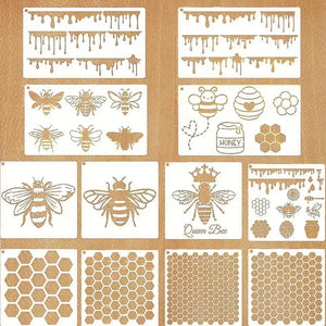 Pochoir nid d'abeille lot 12 planches : ruches abeilles miel coulant et hexagones variés