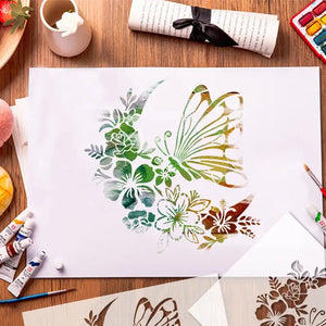 Pochoir Papillon Lune aquarelle vert et or sur grand papier