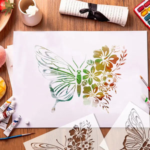 Pochoir Papillon Simple aquarelle vert orange sur carnet
