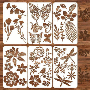 Pochoirs papillon lot 6 planches : papillons fleurs feuillages libellule et abeilles ajourés