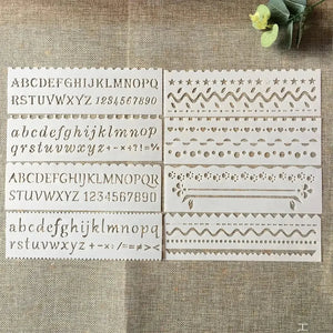 Pochoir peinture lettre alphabet deux planches : alphabet bicasse chiffres et bordures festonnées