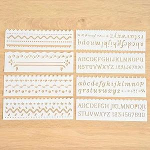 Pochoir peinture lettre alphabet lot 8 bandes : alphabet bicasse chiffres bordures décoratives