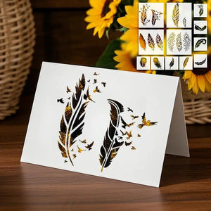 Pochoir Plume Oiseau effet doré sur carte de vœux