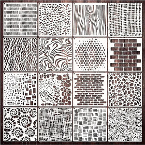 Pochoir texture lot 16 motifs assortis : pois rayures briques bois cellules mosaïques ajourées