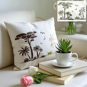 Pochoir Tropical aux tons sépia sur housse de coussin