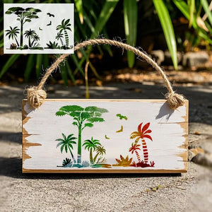 Pochoir Tropical multicolore appliqué sur panneau en bois