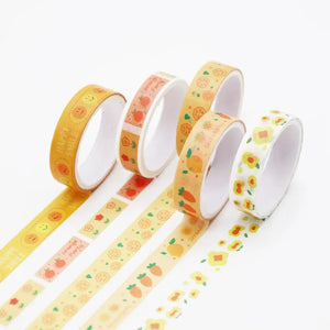 Ruban washi scrapbooking Jaune rétro : smileys, oranges, fleurs jaunes