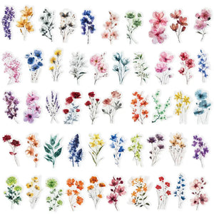 Planche de 50 autocollants fleurs aquarelle transparents : coquelicots, lavande, cerisier et fleurs des champs