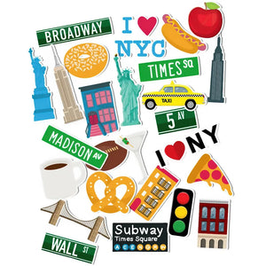 Stickers New York scrapbooking style cartoon : Statue de la Liberté, Empire State, taxis jaunes, Brooklyn Bridge